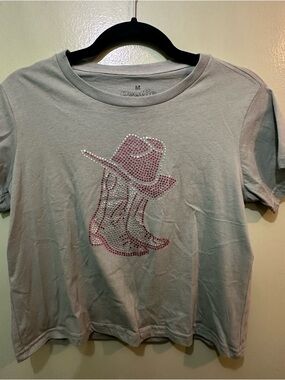 Rhinestone Cowboy Boots Short Sleeve Tee - Light Green Pink Accent NWOT